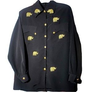 Vintage Womens Black Long Sleeve Shirt Gold Embroidered Elephants Pockets